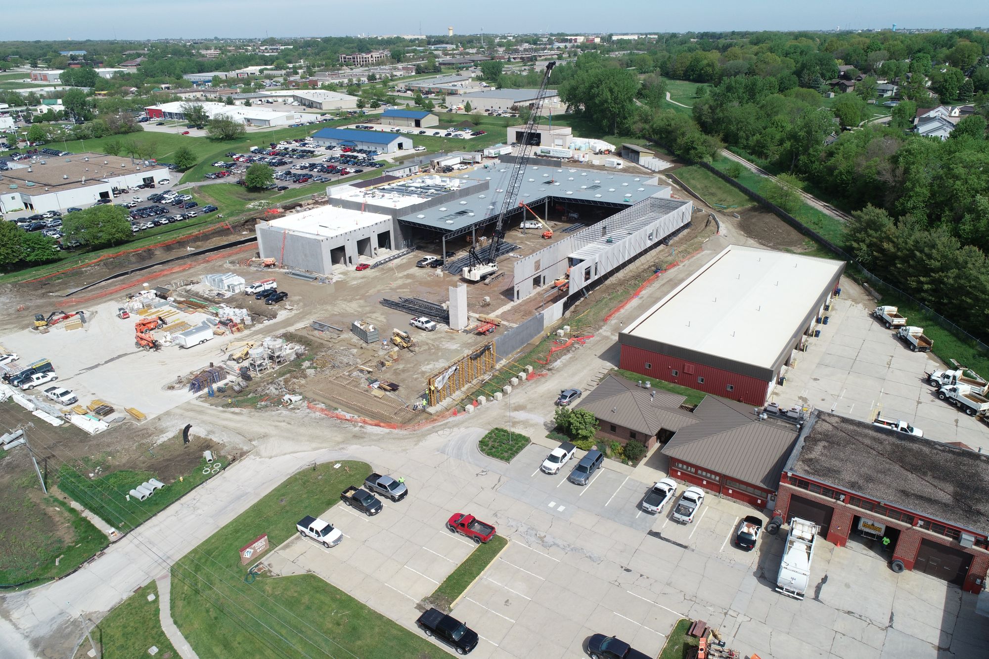 View from the sky looking down on a large building being built